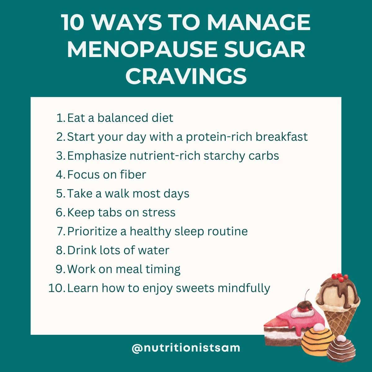 An image with a green background listing 10 ways to manage menopause sugar cravings