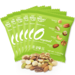 Image of green individual mixed nut packs for a story about healthy travel snacks