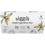 Image of a 4 pack of Siggi's vanilla yogurt skyr in an article about the best road trip snacks to pack in your cooler