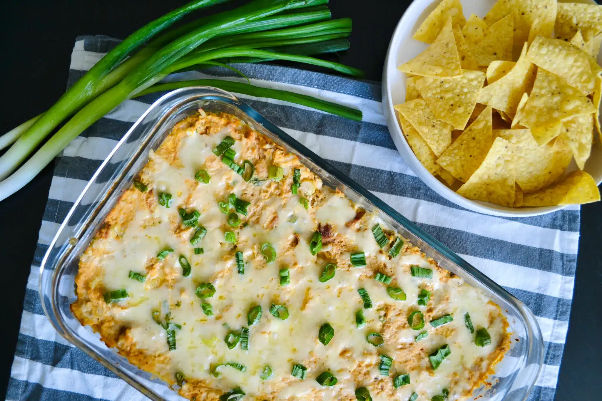 Image of a 9x11 baking pan filled with buffalo chicken dip
