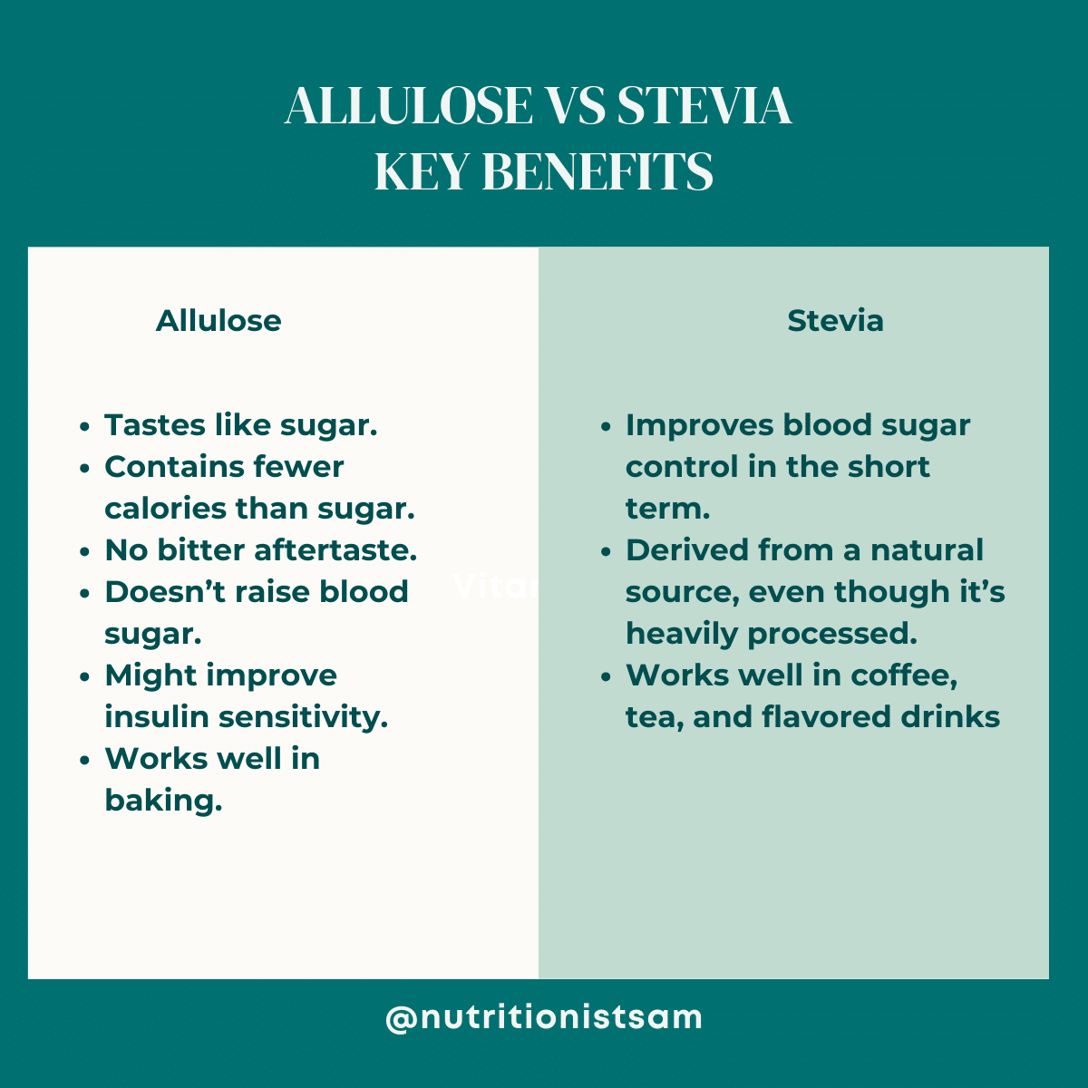 Green image with two columns. Each column lists the key benefits of allulose or stevia.