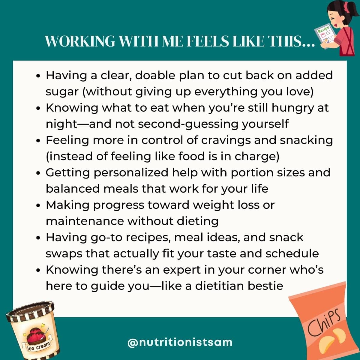 Image with a list of benefits people get from working with a registered dietitian.